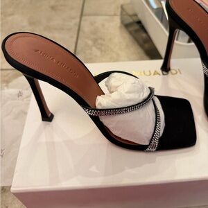 Amina Muaddi Black Heels with Crystal Embellishments 105 size 38 NIB